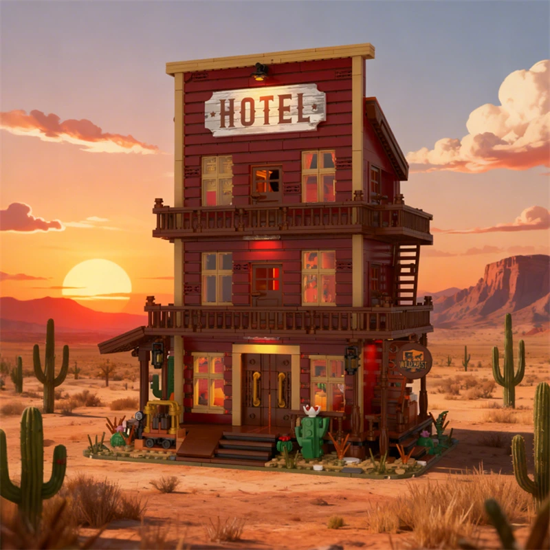 CAYI illuminated Western hotel building block set displayed in a sunset desert scene