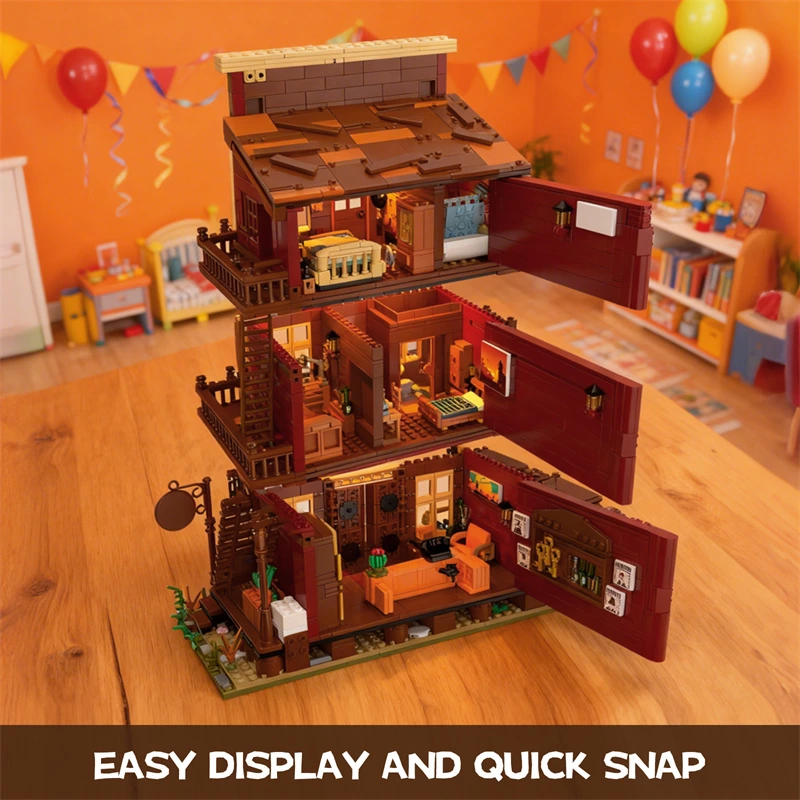 CAYI modular Western hotel building set opened to show furnished interior rooms in a playroom scene