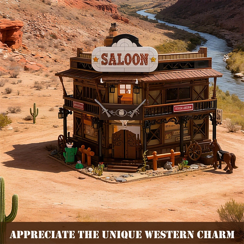 CAYI Western saloon building block model displayed beside a river in a desert scene