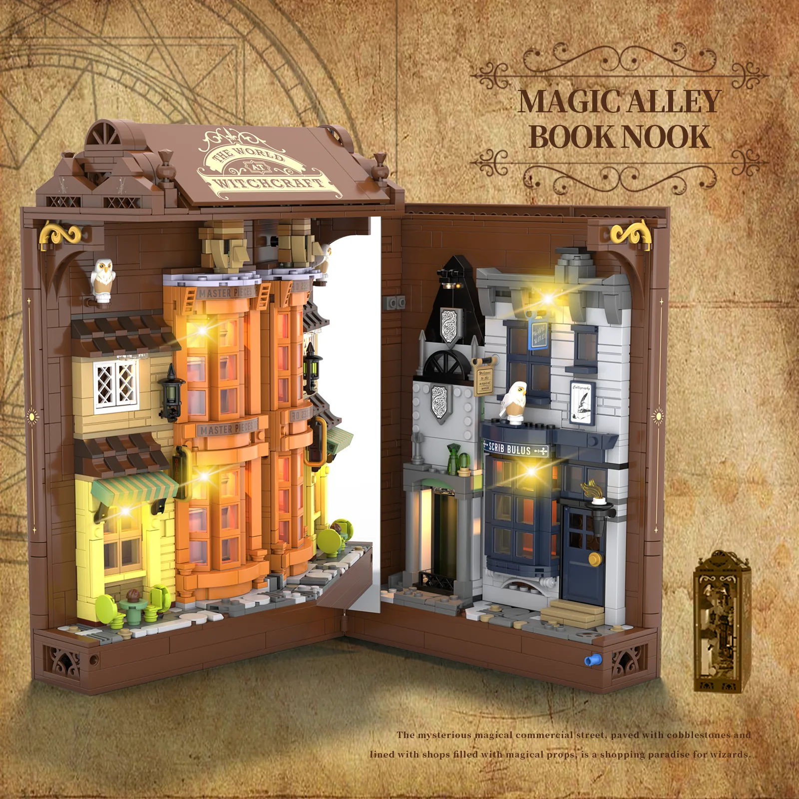 CAYI illuminated magic alley book nook building set in a vintage display scene