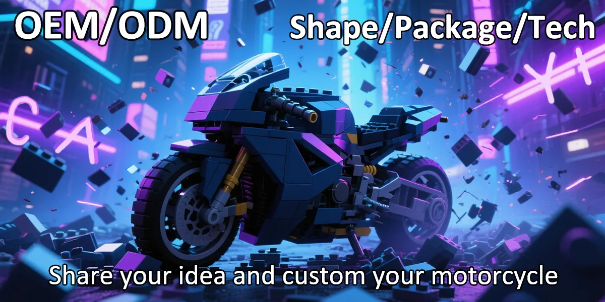 CAYI custom motorcycle building set in a neon city display scene